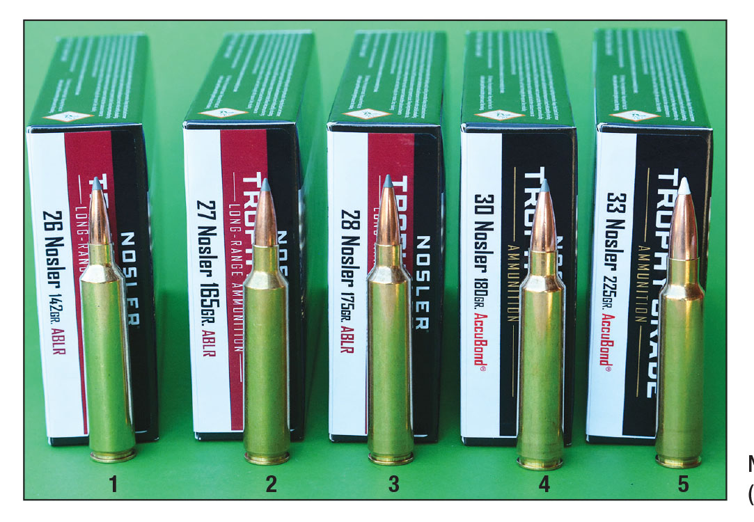 Nosler offers premium-grade ammunition for the (1) 26, (2) 27, (3) 28, (4) 30 and (5) 33 Nosler cartridges.